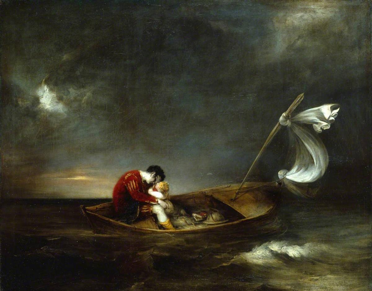 Banished from Milan, Prospero and Miranda sail to the remote island where “The Tempest” takes place. "Prospero and Miranda," 1803, by Henry Thomson. Oil on canvas. Royal Academy of Arts, London. (Public Domain)