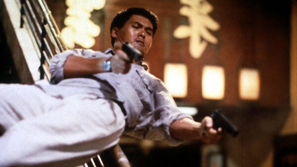 “Tequila” Yuen (Chow Yun-fat) sails through the air with guns at the ready, in “Hard Boiled.” (Golden Princess Film Production)