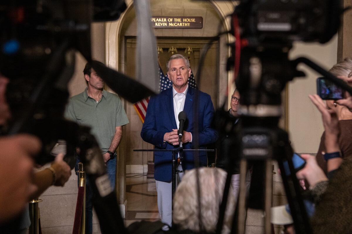 Speaker of the House Kevin McCarthy (R-Calif.) speaks to the press at the U.S. Capitol in Washington on May 28, 2023. (Anna Rose Layden/Getty Images)