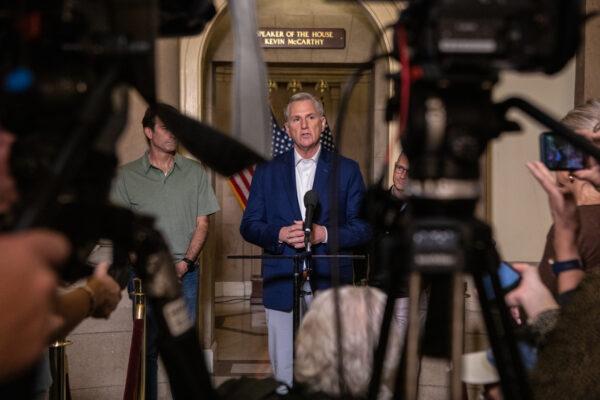 Speaker of the House Kevin McCarthy (R-Calif.) speaks to the press after an "agreement principle" was reached between House Republicans and President Joe Biden's team to avoid a default on the U.S. debt at the U.S. Capitol on May 28, 2023. (Anna Rose Layden/Getty Images)