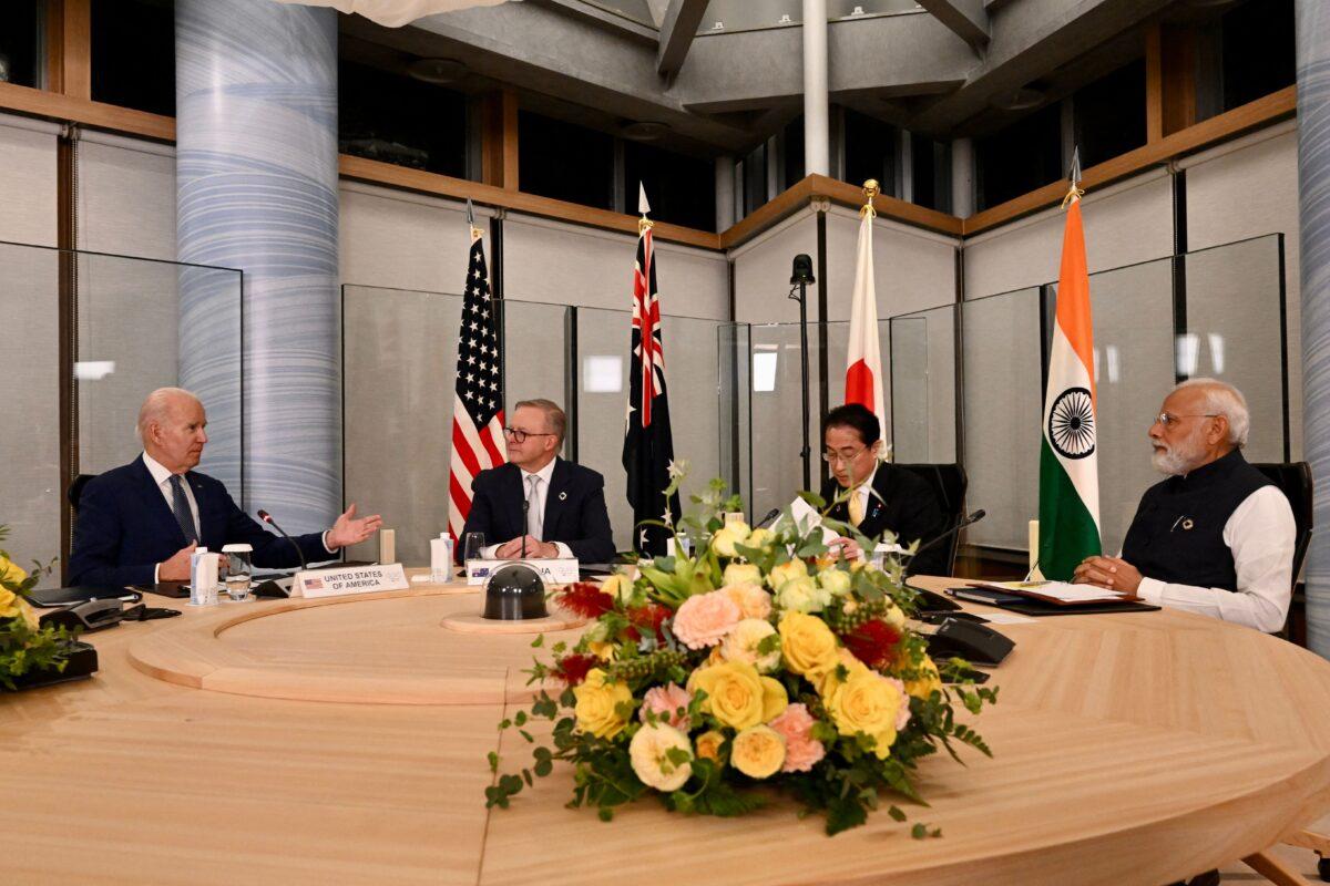 (L–R) U.S. President Joe Biden, Australia's Prime Minister Anthony Albanese, Japan's Prime Minister Fumio Kishida, and India's Prime Minister Narendra Modi hold a quad meeting on the sidelines of the G7 Leaders' Summit in Hiroshima, Japan, on May 20, 2023. (KENNY HOLSTON/POOL/AFP via Getty Images)