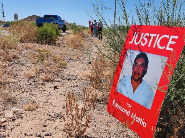  An unattended sign with an image of Raymond Mattia in Why, Ariz., on May 27, 2023. (Allan Stein/The Epoch Times)