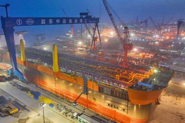 A new floating production storage and offloading vessel under construction at a shipyard in Nantong, in China's eastern Jiangsu province, on April 17, 2023. (AFP via Getty Images)