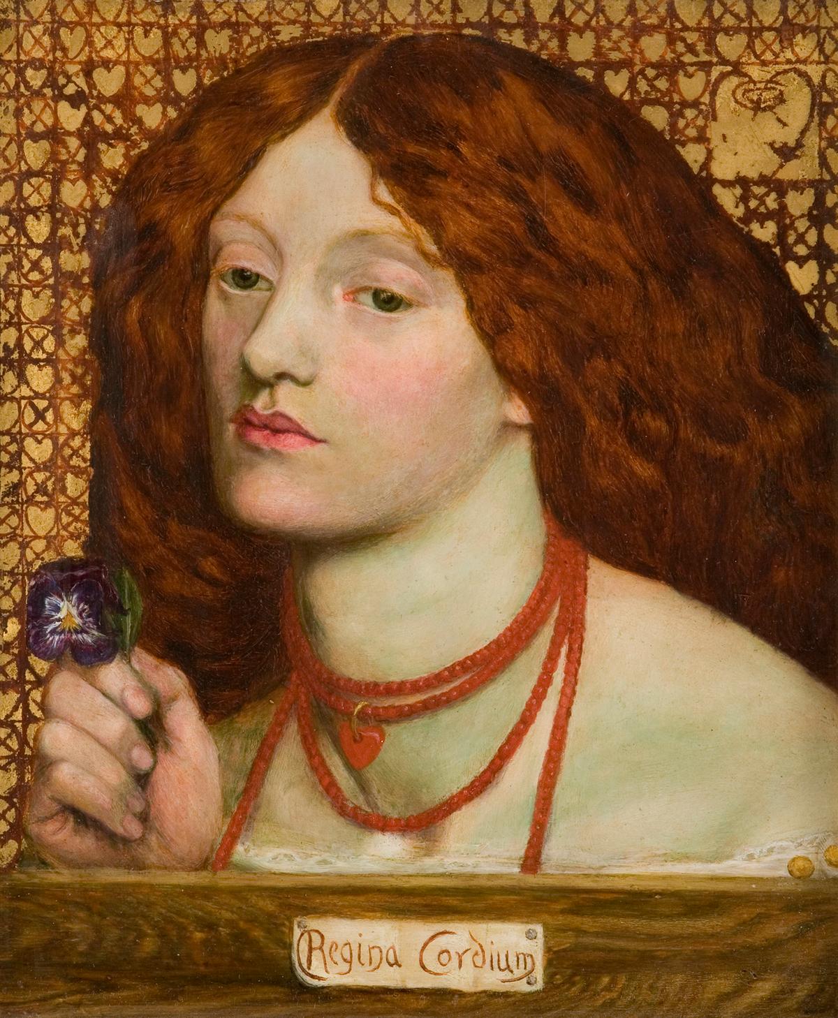 Rossetti's 1860 marriage portrait of Siddal. "Regina Cordium,"1860, by  Dante Gabriel Rossetti. Oil on canvas; 10 inches by 8 inches. Johannesburg Art Gallery, South Africa. (Public Domain)