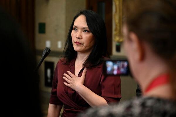NDP MP Jenny Kwan speaks to reporters about her briefing with CSIS at which the national intelligence agency confirmed that she was a target of foreign interference, in the foyer of the House of Commons on Parliament Hill in Ottawa on May 29, 2023. (The Canadian Press/Justin Tang)
