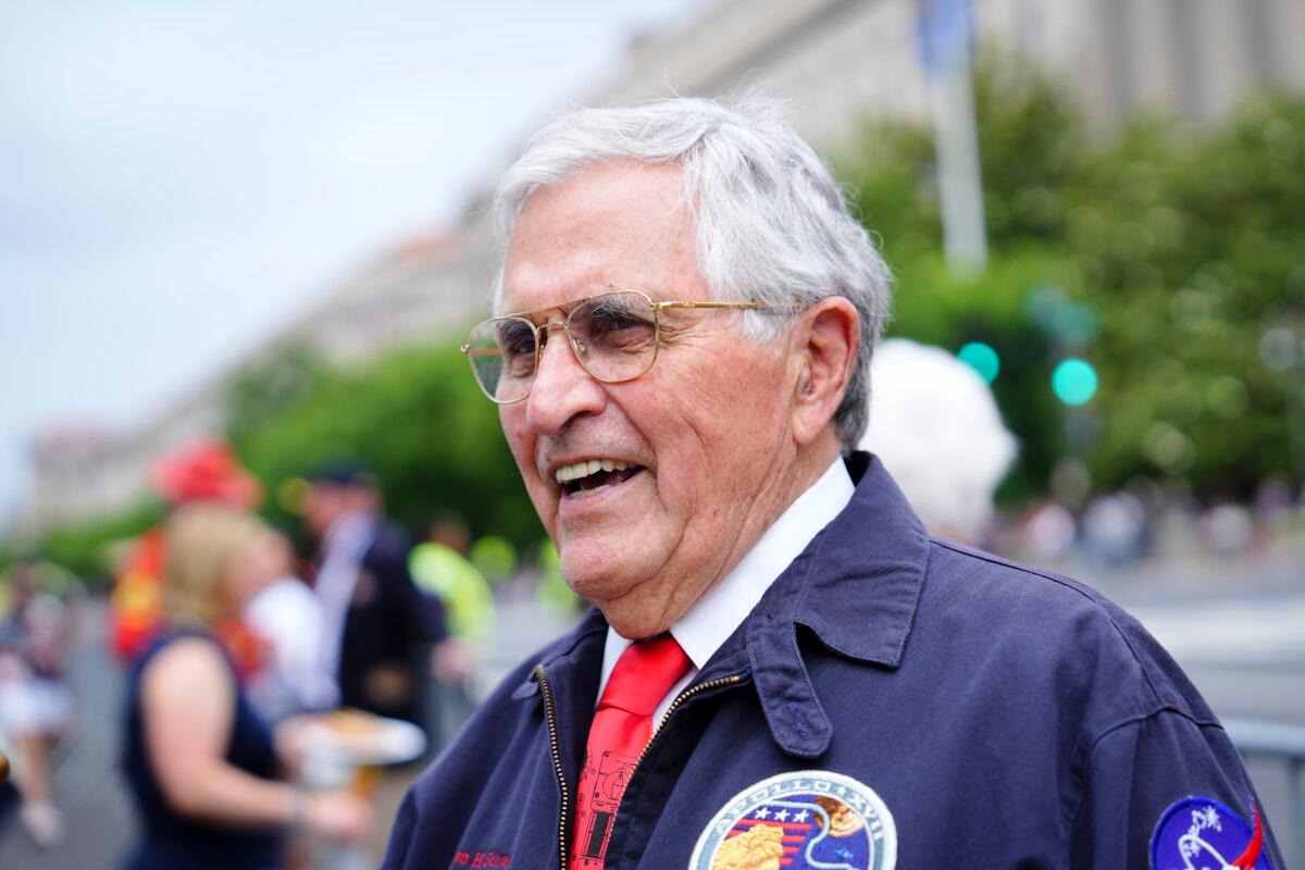 Harrison Schmitt, a veteran of Apollo 17 and former U.S. senator from New Mexico, speaks with the press at the Memorial Day Parade in Washington on May 29, 2023. (Madalina Vasiliu/The Epoch Times)