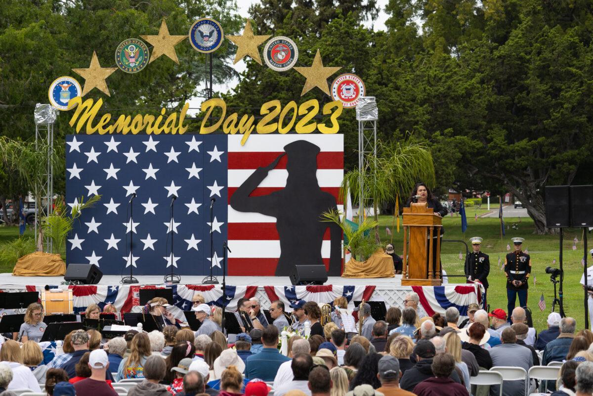 Santa Ana Mayor Valerie Amezcua speaks on stage at Memorial Day celebrations in Fairhaven Memorial Park in Santa Ana, Calif., on May 29, 2023. (John Fredricks/The Epoch Times)