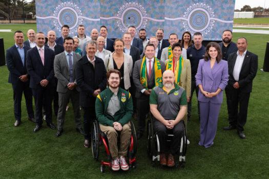 Australian sports governing body representatives pose together during a media opportunity with Australian sports governing body representatives who will support The Voice, at North Sydney Oval in Australia on May 26, 2023. (Mark Metcalfe/Getty Images)