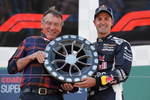 22: (L-R) Larry Perkins poses for a photo with the winner of the Larry Perkins Trophy Jamie Whincup driver of the #1 Red Bull Holden Racing Team Holden Commodore ZB during race 4 for the Supercars Australian Grand Prix round at Albert Park in Melbourne, Australia on March 22, 2018. (Daniel Kalisz/Getty Images)