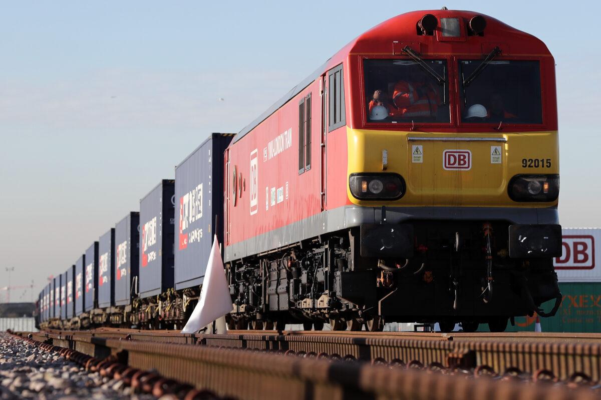 A train engine pulls carriages that started their journey in China into a rail freight terminal in Barking, England, on Jan. 18, 2017. (Dan Kitwood/Getty Images)