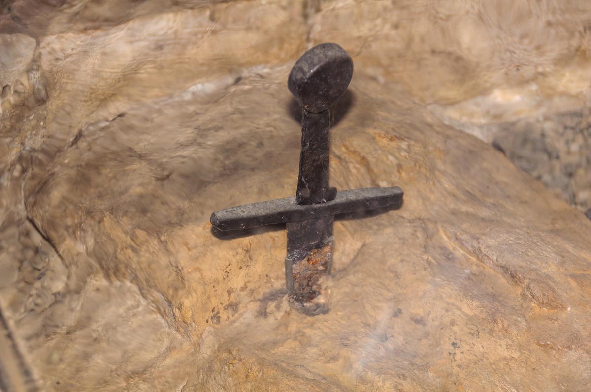 Detail of Saint Galgano’s sword embedded in stone in Montesiepi Chapel. (lkonya/Shutterstock)