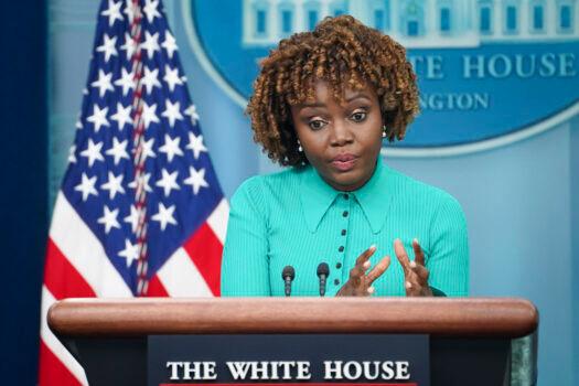 White House Press Secretary Karine Jean-Pierre speaks with reporters during the daily press briefing at the White House in Washington on May 30, 2023. (Madalina Vasiliu/The Epoch Times)