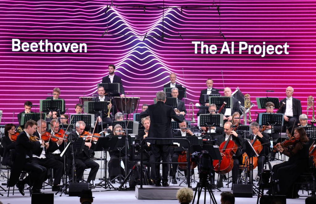 Dirk Kaftan, general music director of the Beethoven Orchester Bonn, perform on stage during the rehearsal for the world premiere of Beethoven's 10th symphony, completed by artificial intelligence in Bonn, Germany, on Oct. 9, 2021. (Andreas Rentz/Getty Images)