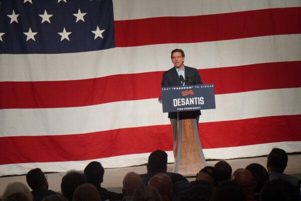 Florida Gov. Ron DeSantis delivers the first speech of his 2024 presidential campaign before about 750 people at Eternity Church in Clive, Iowa, outside Des Moines on May 30, 2023. (John Haughey/The Epoch Times)