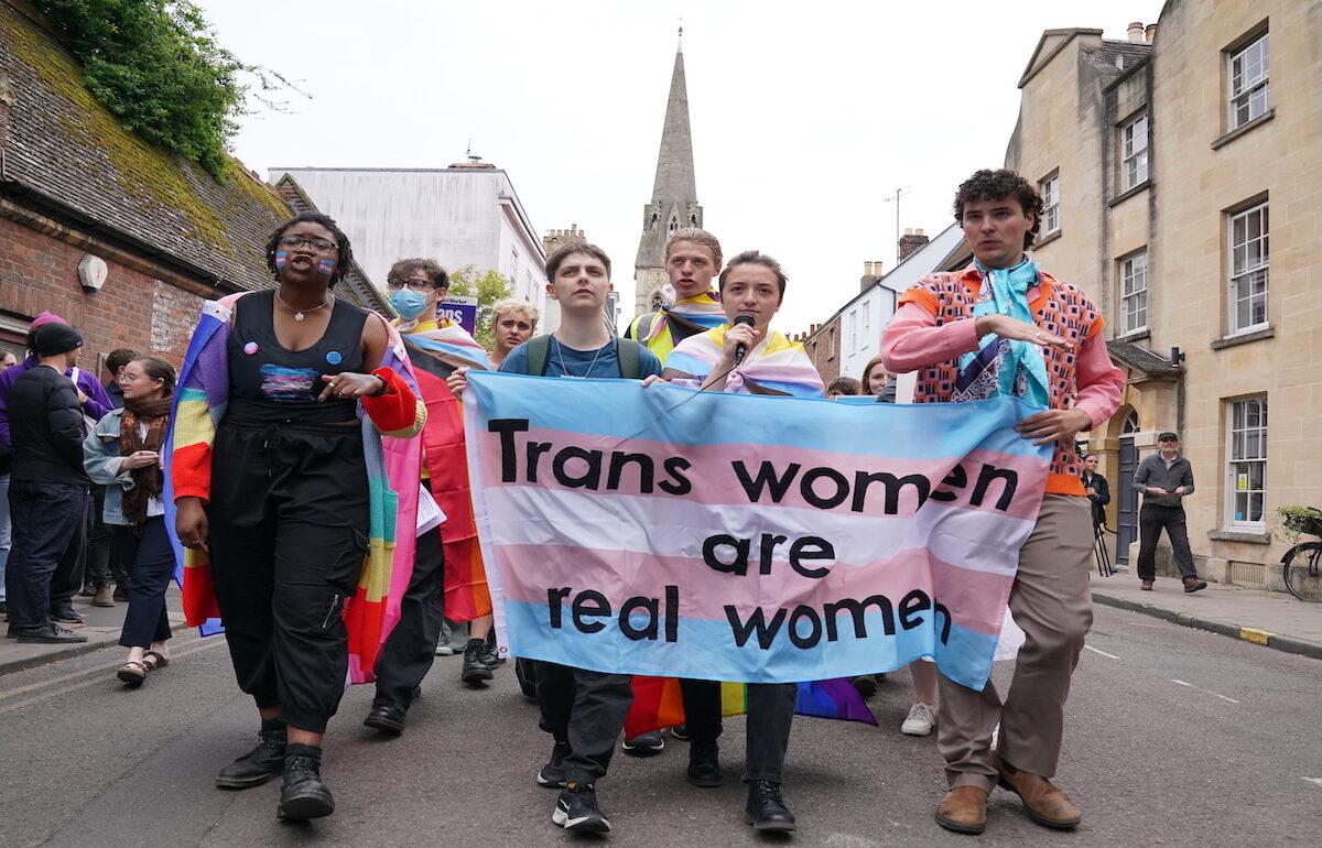 Protesters demonstrating against Professor Kathleen Stock speaking at Oxford Union's 200-year-old debating society, in Oxford, England, on May 30, 2023. (Jonathan Brady/PA Wire)
