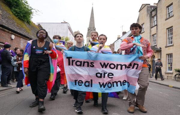 Protesters in Oxford where Professor Kathleen Stock, who quit her job as a lecturer at the University of Sussex after being targeted by activists over her views on gender identity, is due to speak at the 200-year-old debating society, the Oxford Union on May 30, 2023. (Jonathan Brady/PA Wire)