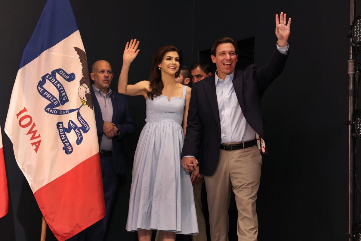 Republican presidential candidate Ron DeSantis and wife Casey DeSantis arrive for a campaign event at Eternity Church in Clive, Iowa, on May 30, 2023. (Scott Olson/Getty Images)