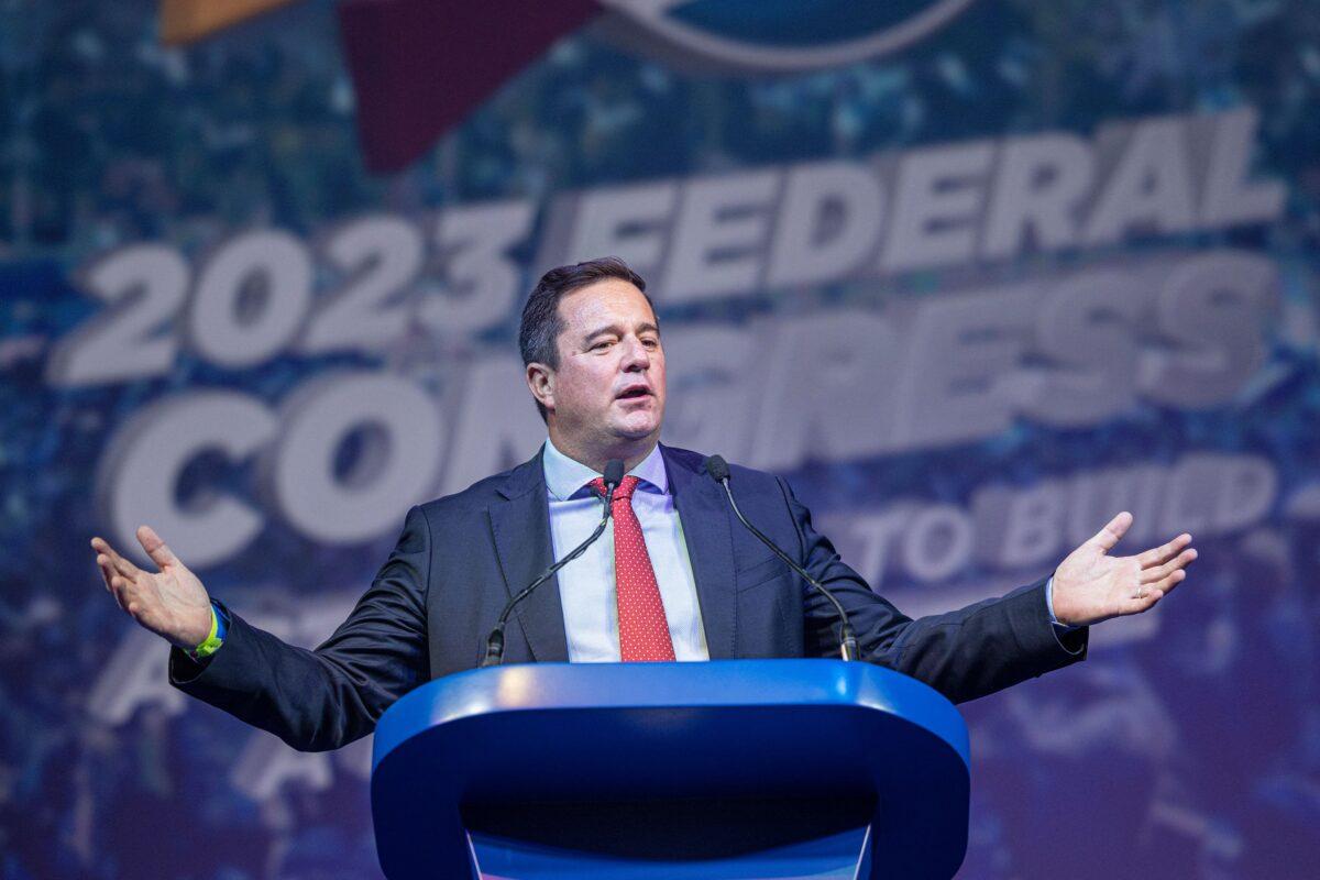 South African main opposition party Democratic Alliance contender for the position of federal leader John Steenhuisen addresses the delegates at the party's Federal Congress in Midrand, Johannesburg, South Africa, on April 2, 2023. (Michele Spatari/AFP via Getty Images)