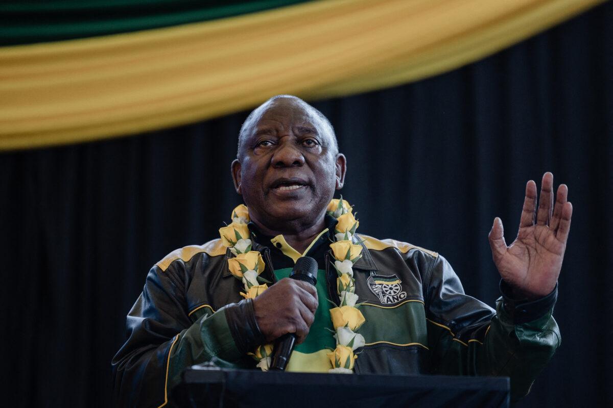 South African President Cyril Ramaphosa addresses new members of the African National Congress during an election campaign ahead of the 2024 general elections, on May 14, 2023. (Rajesh Jantilal/AFP via Getty Images)
