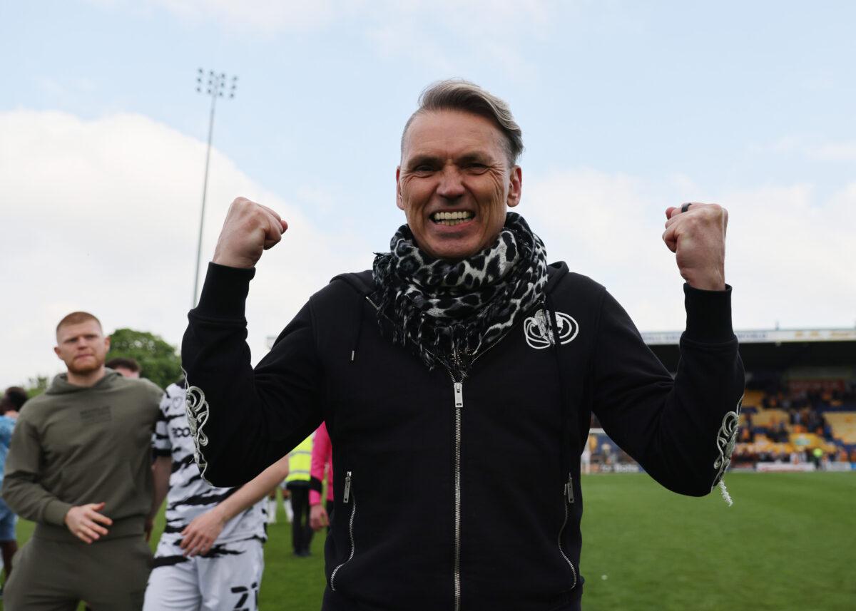 Dale Vince, owner of Forest Green Rovers celebrates after their side's victory and promotion as League 2 champions during the Sky Bet League Two match between Mansfield Town and Forest Green Rovers at One Call Stadium in Mansfield, England, on May 7, 2022. (Matthew Lewis/Getty Images)