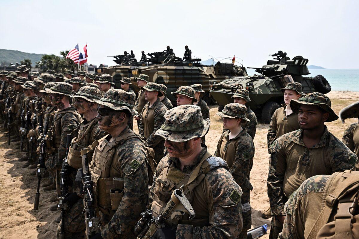 U.S. Marines during an amphibious landing exercise during the joint Cobra Gold exercise in the coastal Thailand province of Chonburi on March 3, 2023. (Lillian Suwanrumpha/AFP via Getty Images)