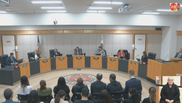 Members of the public make comments to Santa Ana Unified School District trustees at a board meeting in Santa Ana, Calif., on May 23, 2023. (Screenshot via Santa Ana Unified School District)