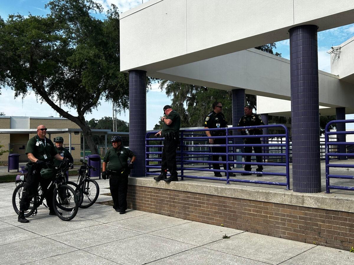Additional law enforcement were called to bolster security at a Hernando County School Board meeting in Hernando County, Fla., on May 30, 2023. (Patricia Tolson/The Epoch Times)