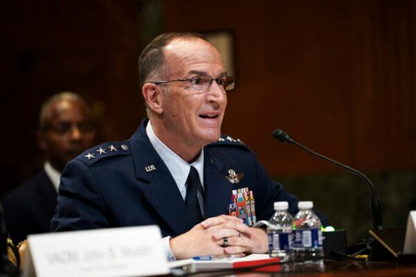 Lt. Gen. John P. Healy, Chief of U.S. Air Force Reserve, testifies before the Senate Appropriations Subcommittee on the Department of Defense in Washington on June 1, 2023. (Madalina Vasiliu/The Epoch Times)