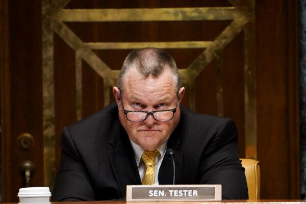Sen. Jon Tester (D-Mont.) holds a hearing to review the president’s fiscal year 2024 budget request for the National Guard and Reserve in Washington on June 1, 2023. (Madalina Vasiliu/The Epoch Times)