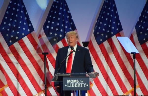 Former president Donald Trump at the Moms for Liberty Joyful Warriors Summit in Philadelphia on June 30, 2023. (Beth Brelje/The Epoch Times)