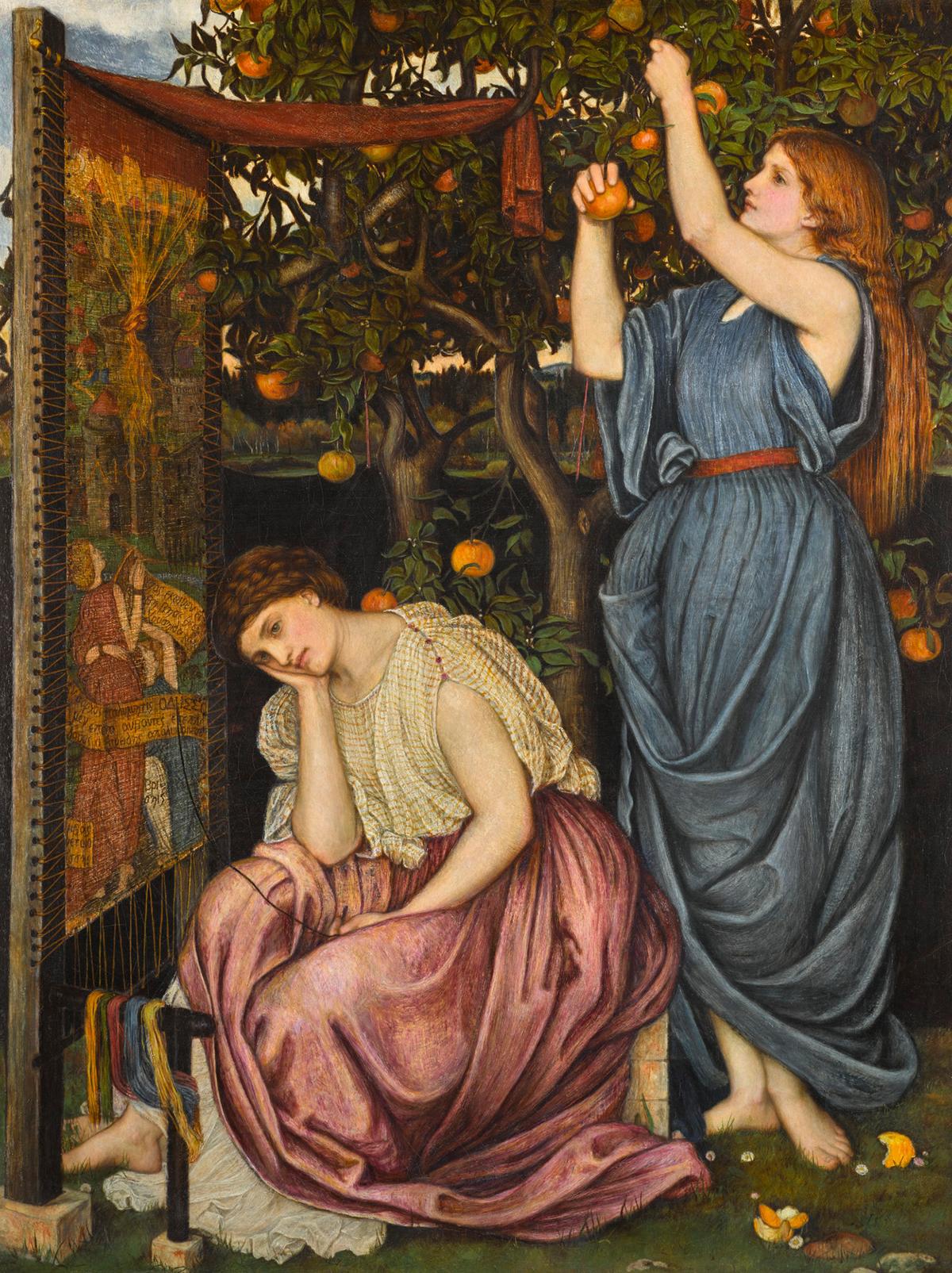 Steadfast in her fidelity to Odysseus, Penelope (L) sits forlorn at her tapestry loom while a handmaiden picks apples, representing the temptation that lurks around her. "Penelope," 1864, by John Roddam Spencer Stanhope. Oil on canvas. Private Collection. (Public Domain)