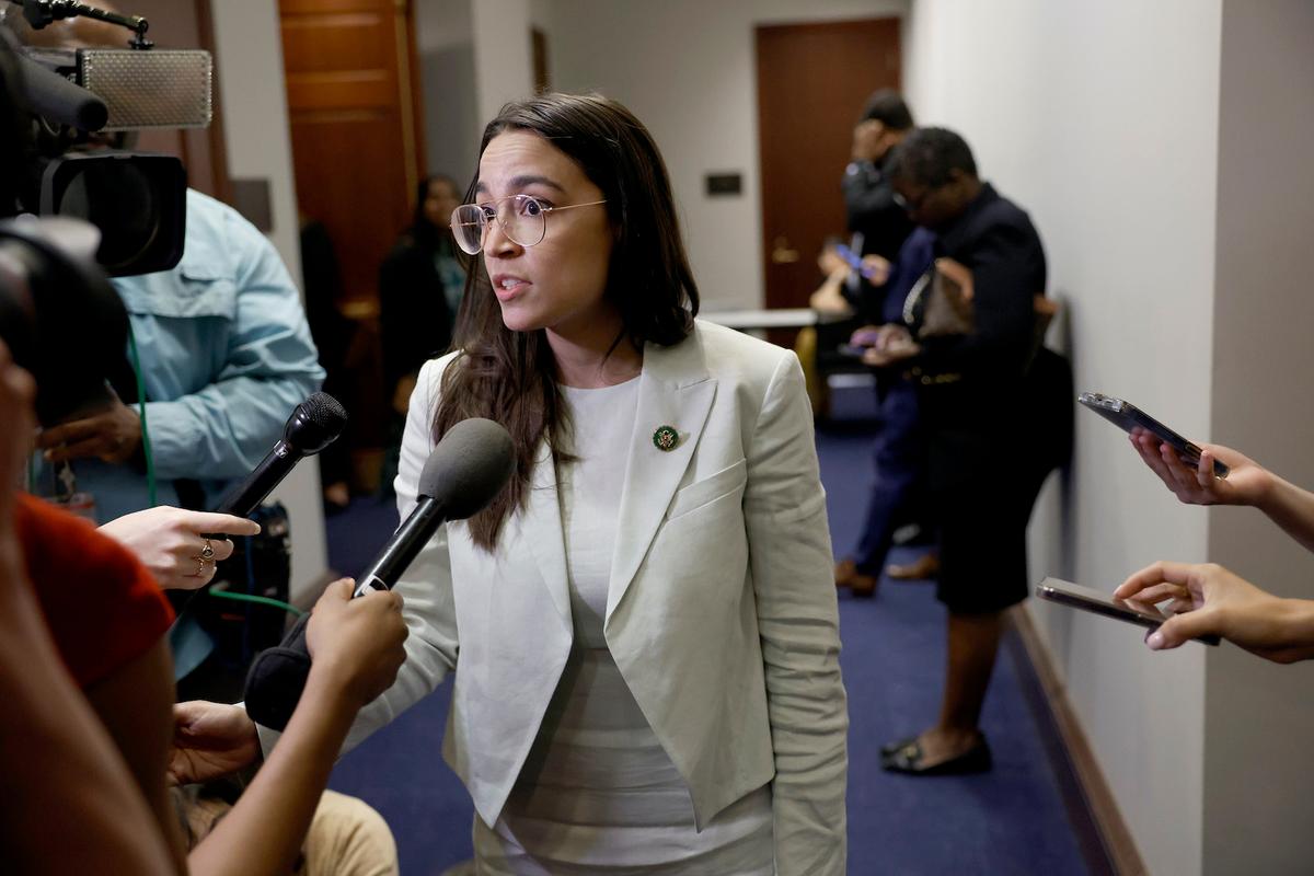 Rep. Alexandria Ocasio-Cortez (D-N.Y.) speaks to reporters after attending a House Democrat caucus meeting with White House debt negotiators at the U.S. Capitol in Washington on May 31, 2023. (Anna Moneymaker/Getty Images)