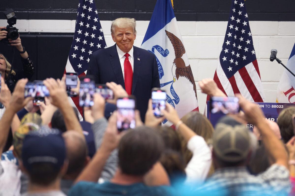 Former President Donald Trump greets supporters at a Team Trump volunteer leadership training event held at the Grimes Community Complex in Grimes, Iowa on June 1, 2023. (Scott Olson/Getty Images)