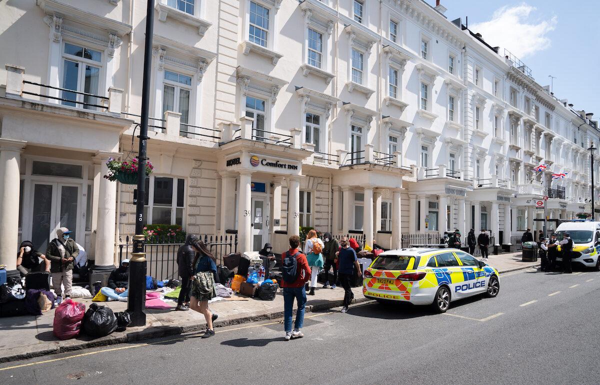 A view of the scene outside the Comfort Inn hotel on Belgrave Road in Pimlico, central London, on June 2, 2023, where the Home Office have reportedly asked a group of refugees to be accommodated four to a room. Around 40 refugees were placed in the borough on Wednesday night "without appropriate accommodation or support available" and no prior communication with Westminster Council, the local authority. (James Manning/PA Wire)