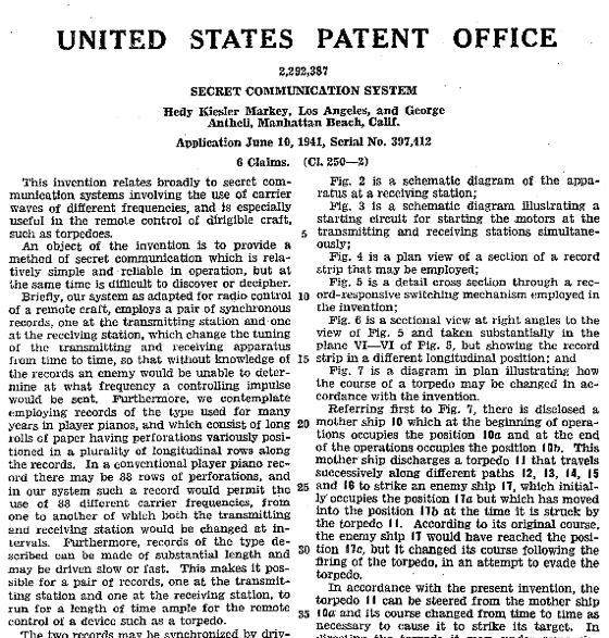 Lamarr and Anthiel's U.S. patent for "Secret Communication System.” U.S. Patent Office. 1941. (Public Domain)