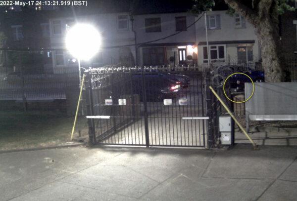 A screengrab from CCTV footage dated showing Matthew King conducting surveillance outside the British Army barracks in West Ham, east London, on May 17, 2022. (Metropolitan Police)