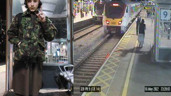 An undated selfie of Matthew King wearing his "special ops" uniform (L) who is also seen (R) behind a police officer on the platform of Stratford train station in London on May 10, 2022. (Metropolitan Police)