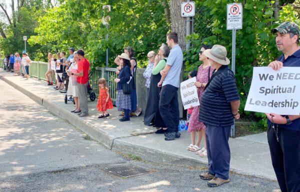 Participants of one of Campaign Life Coalition's several pray-ins nationwide stand outside Bishop Douglas Crosby's office in Hamilton, Ont., on June 1, 2023. (Courtesy of Campaign Life Coalition)