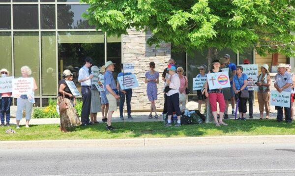Participants of one of Campaign Life Coalition's several pray-ins nationwide stand outside Archbishop Marcel Damphouse's office in Ottawa, Ont., on June 1, 2023. (Courtesy of Campaign Life Coalition)