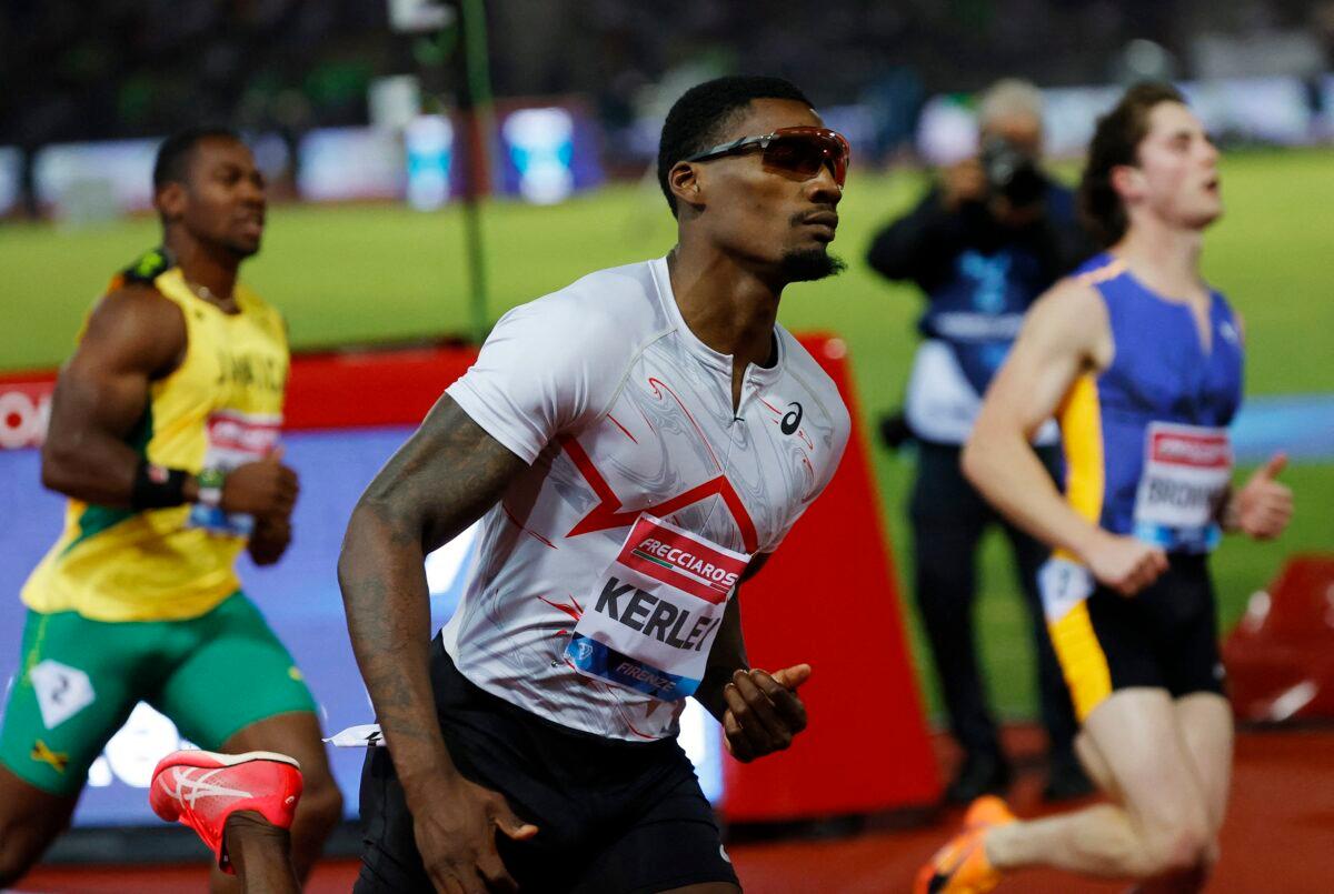 Fred Kerley of the United States (C) wins the Men's 100m event of the Wanda Diamond League 2023 Golden Gala at the Ridolfi stadium in Florence, Italy, on June 2, 2023. (Ciro De Luca/Reuters)