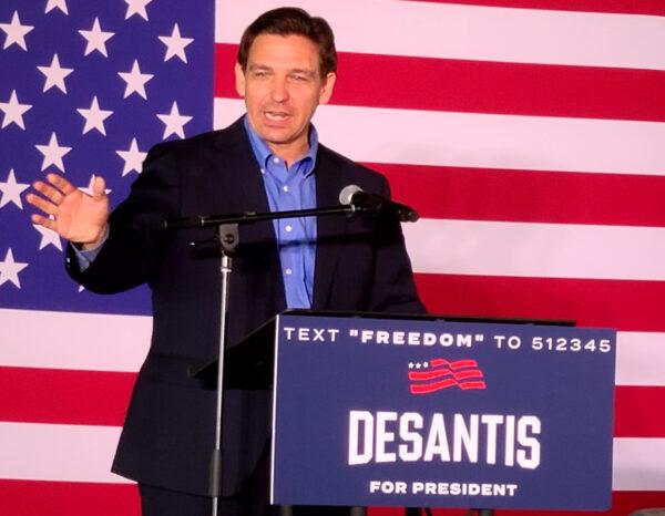 Florida Gov. Ron DeSantis, a Republican candidate for president, speaks at a campaign stop in Gilbert, S.C., on June 2, 2023. (Dan M. Berger/The Epoch Times)