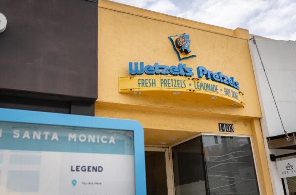 The recently closed Wetzel's Pretzels of Santa Monica, Calif., on June 2, 2023. (John Fredricks/The Epoch Times)