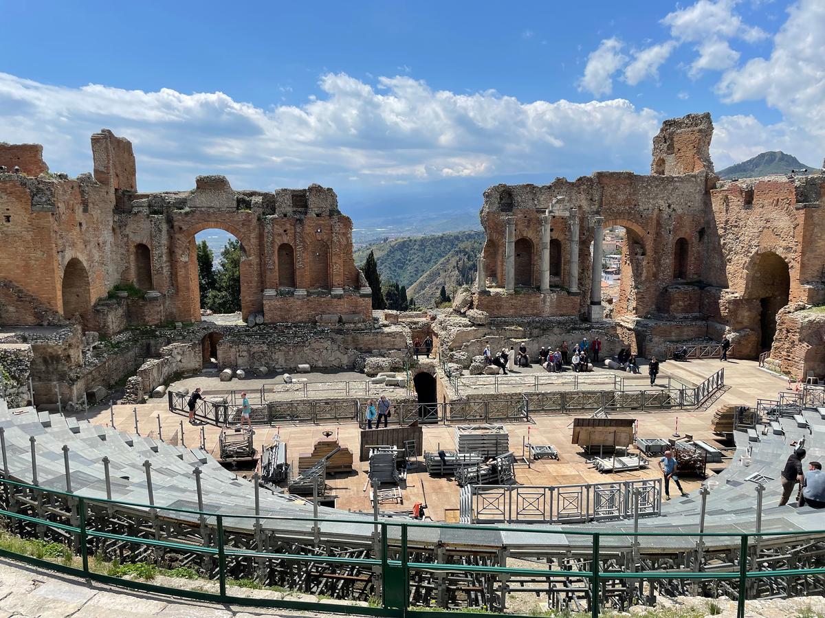 The Greek amphitheater in Taormina. Views of Mt. Etna can be obtained through the "window" at the rear of the stage. (Jess Fleming/Pioneer Press/TNS)