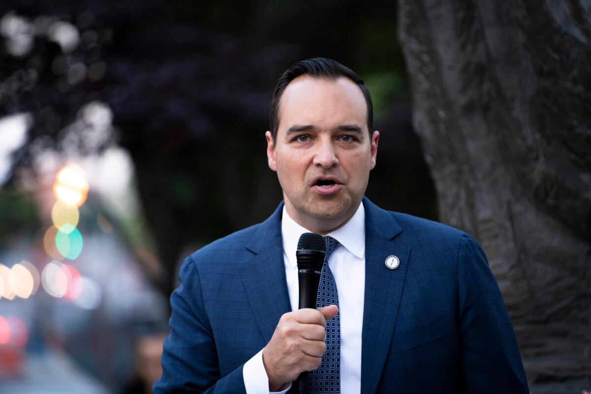 Ambassador Andrew Bremberg, president and CEO of the Victims of Communism Memorial Foundation, speaks during a candlelight vigil mourning the victims of the 1989 Tiananmen Square massacre in Washington on June 2, 2023. (Madalina Vasiliu/The Epoch Times)