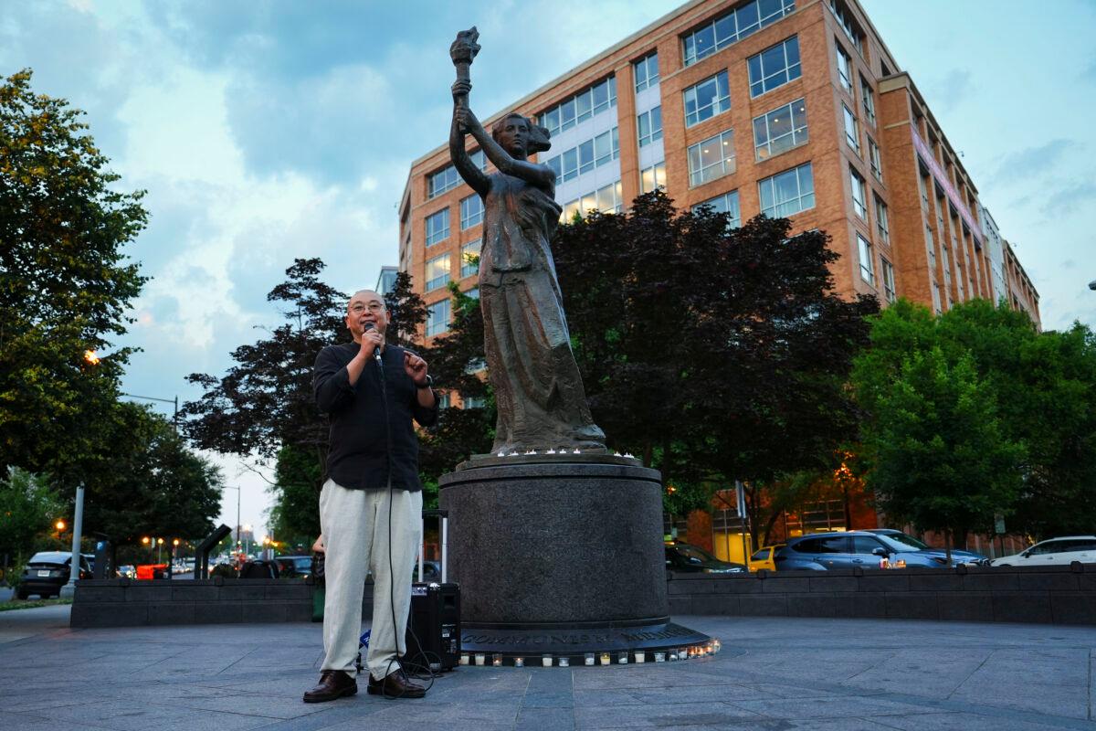 Yang Jianli, president of Citizen Power Initiatives for China, speaks during a candlelight vigil mourning the victims of the 1989 Tiananmen Square massacre in Washington on June 2, 2023. (Madalina Vasiliu/The Epoch Times)