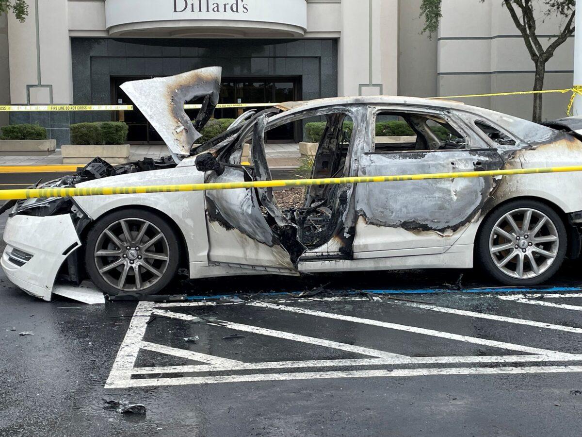 A burned-out vehicle outside the Oviedo Mall, in Oviedo, Fla., on May 26, 2023. (Courtesy of Oviedo Police Department)