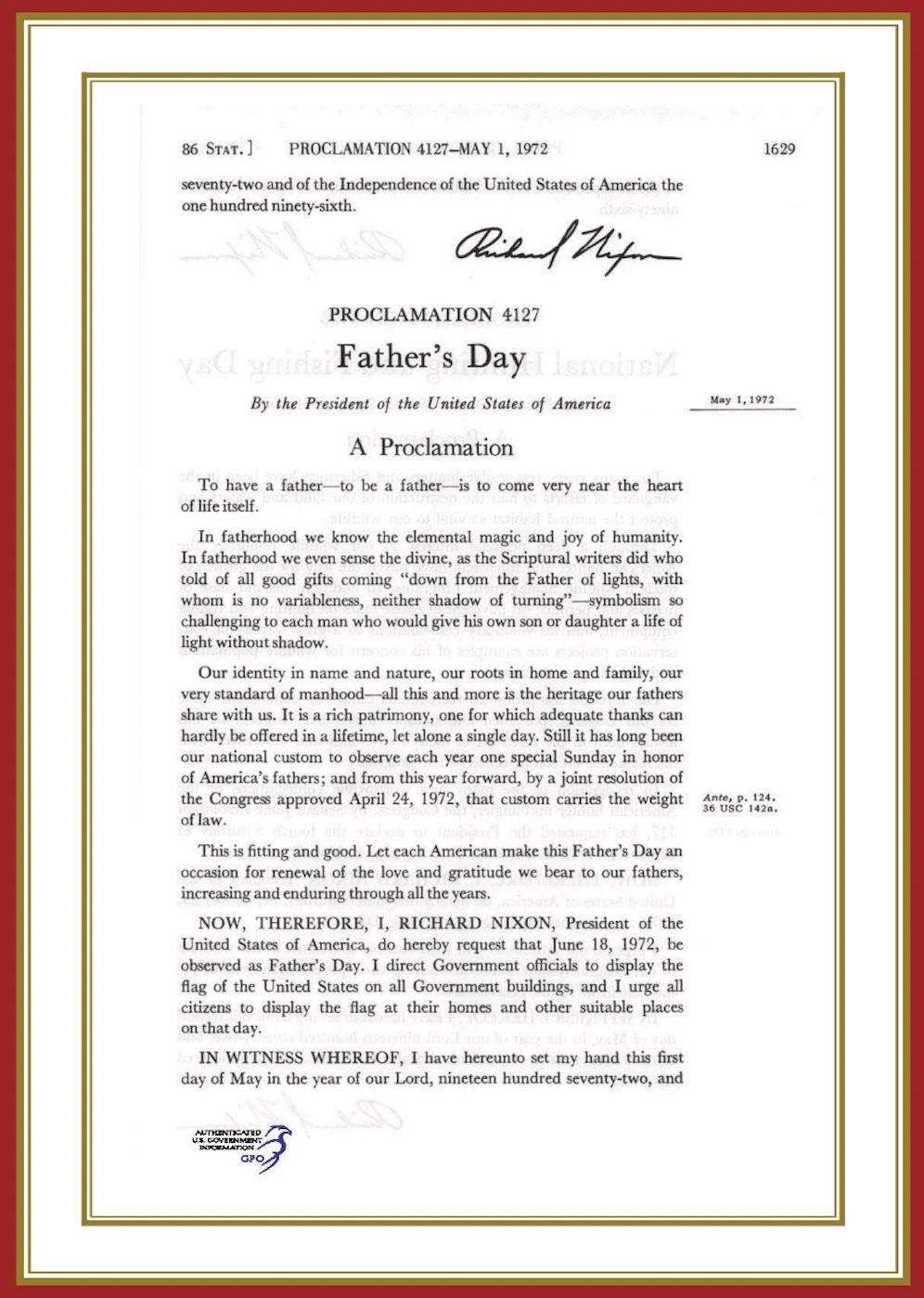 The proclamation signed by President Richard Nixon to formally recognize Father’s Day. (GPO)