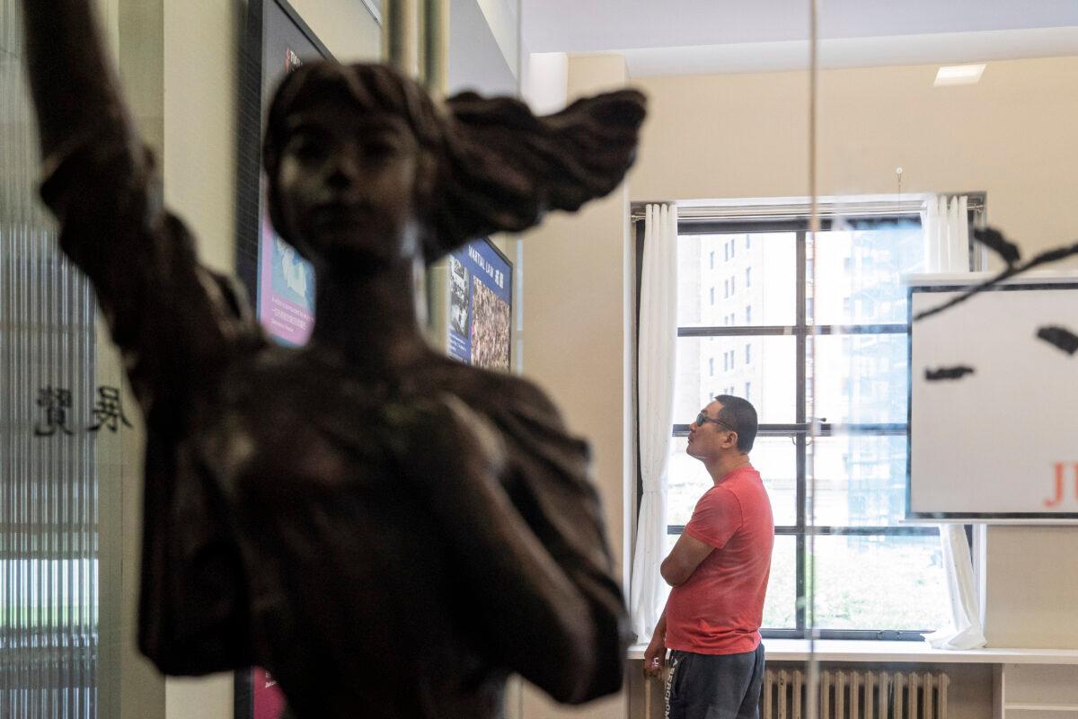 A replica of the Goddess of Democracy is on display at the June 4 Memorial Exhibit in New York on June 4, 2023. (Chung I Ho/The Epoch Times)