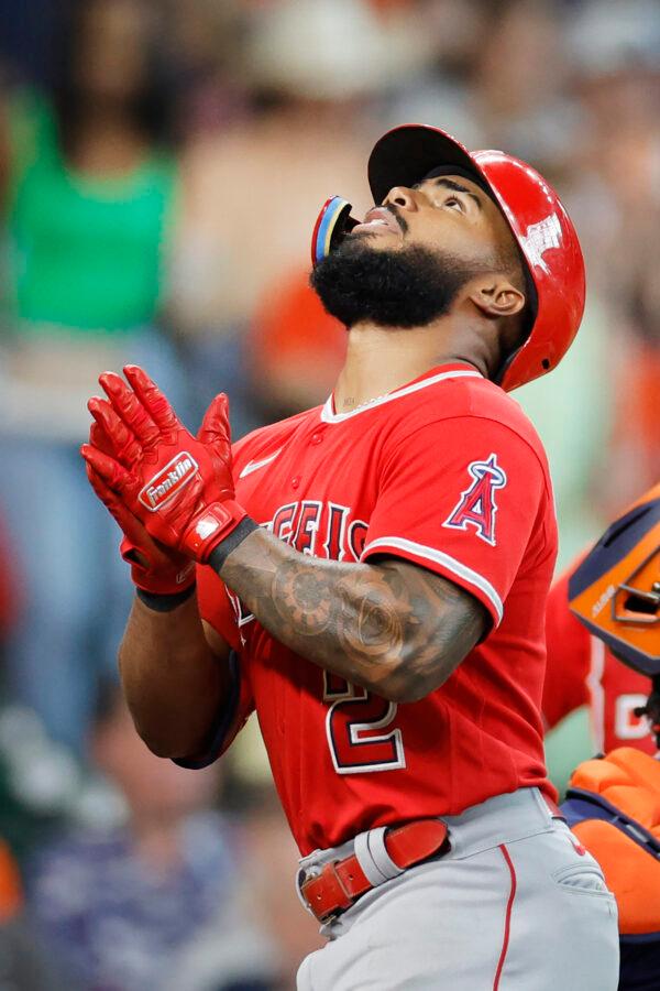 Luis Rengifo (2) of the Los Angeles Angels hits a solo home run during the sixth inning against the Houston Astros at Minute Maid Park in Houston on June 4, 2023. (Carmen Mandato/Getty Images)