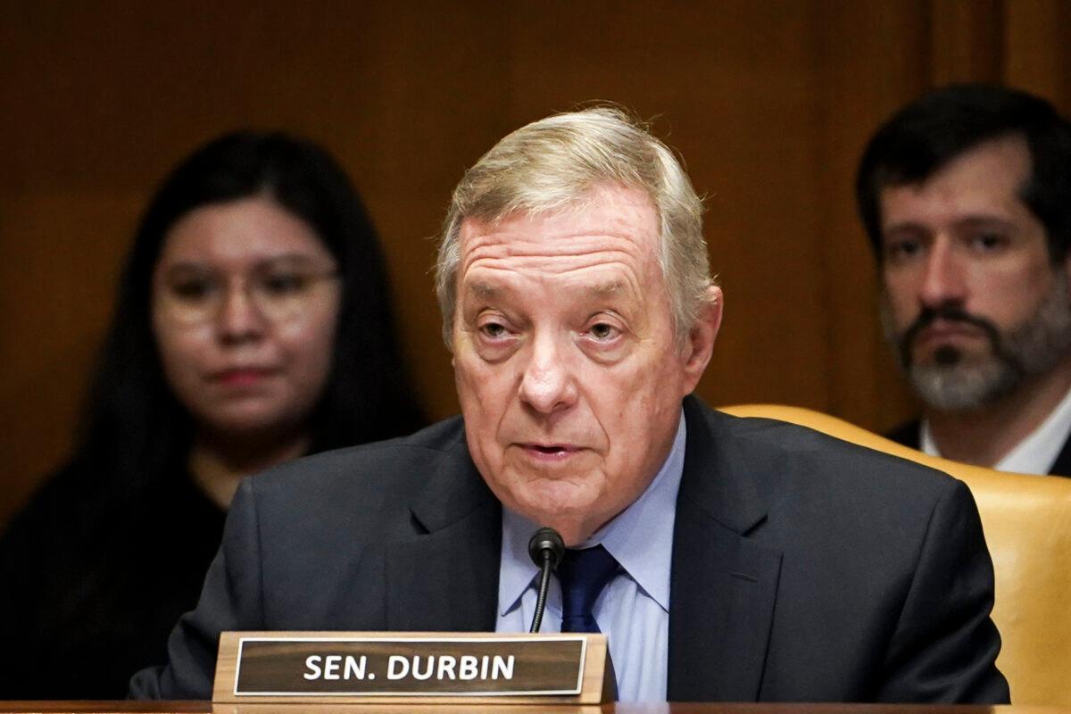 Sen. Dick Durbin (D-Ill.) speaks during a hearing reviewing the president’s fiscal year 2024 budget request for the National Guard and Reserve in Washington on June 1, 2023. (Madalina Vasiliu/The Epoch Times)